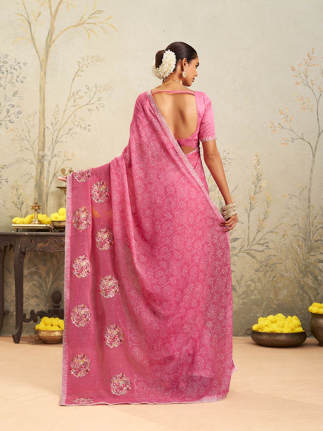 Pink floral embroidered chiffon saree festive wear