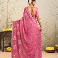 Pink floral embroidered chiffon saree festive wear