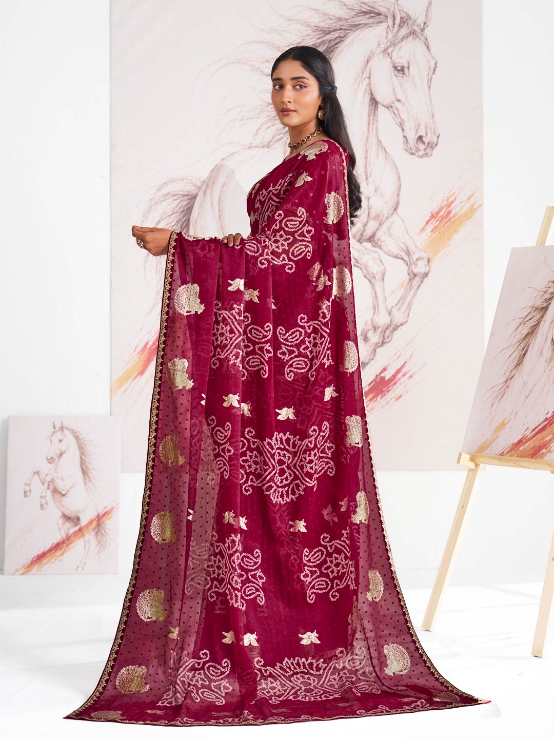 Laxmipati Murli Maroon Chiffon Floral Saree