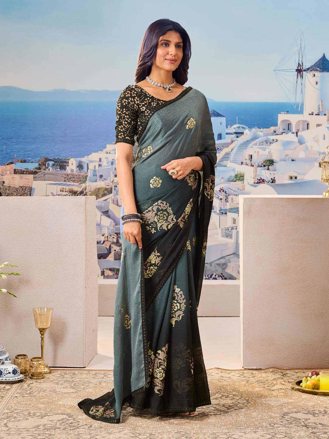 Trendy floral saree modern design