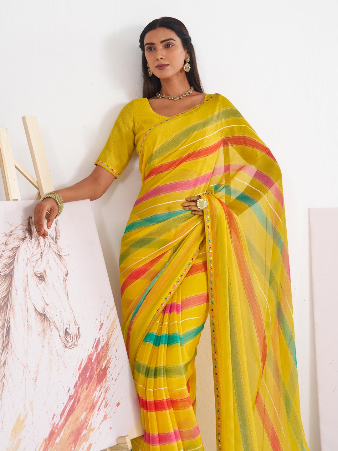 Laxmipati Murli Yellow Chiffon Striped Saree