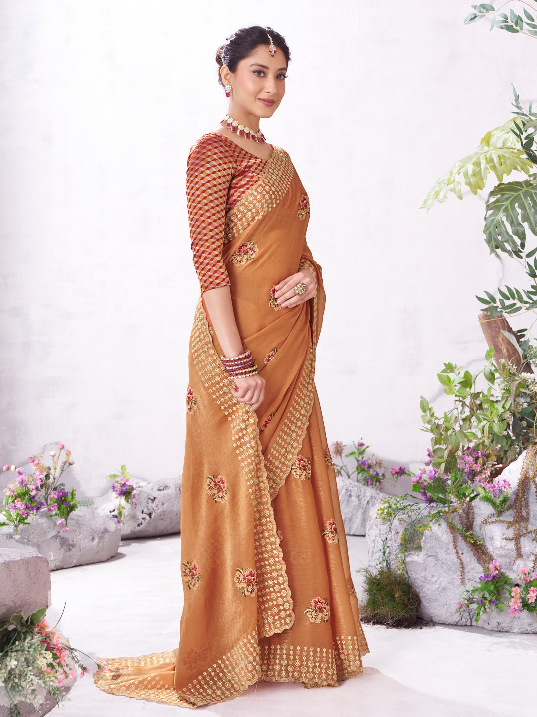 Orange floral embroidery saree stylish drape