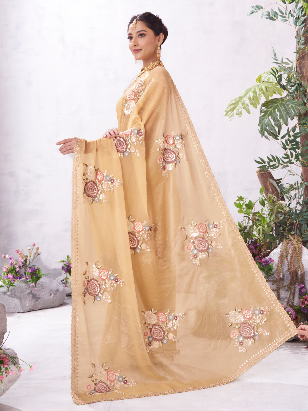 Brown designer embroidery saree festive look