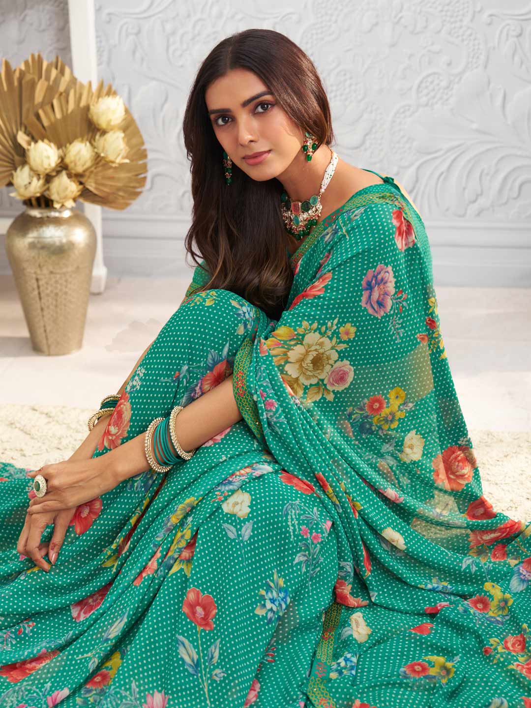 Green floral printed georgette saree casual wear
