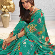 Green floral printed georgette saree casual wear