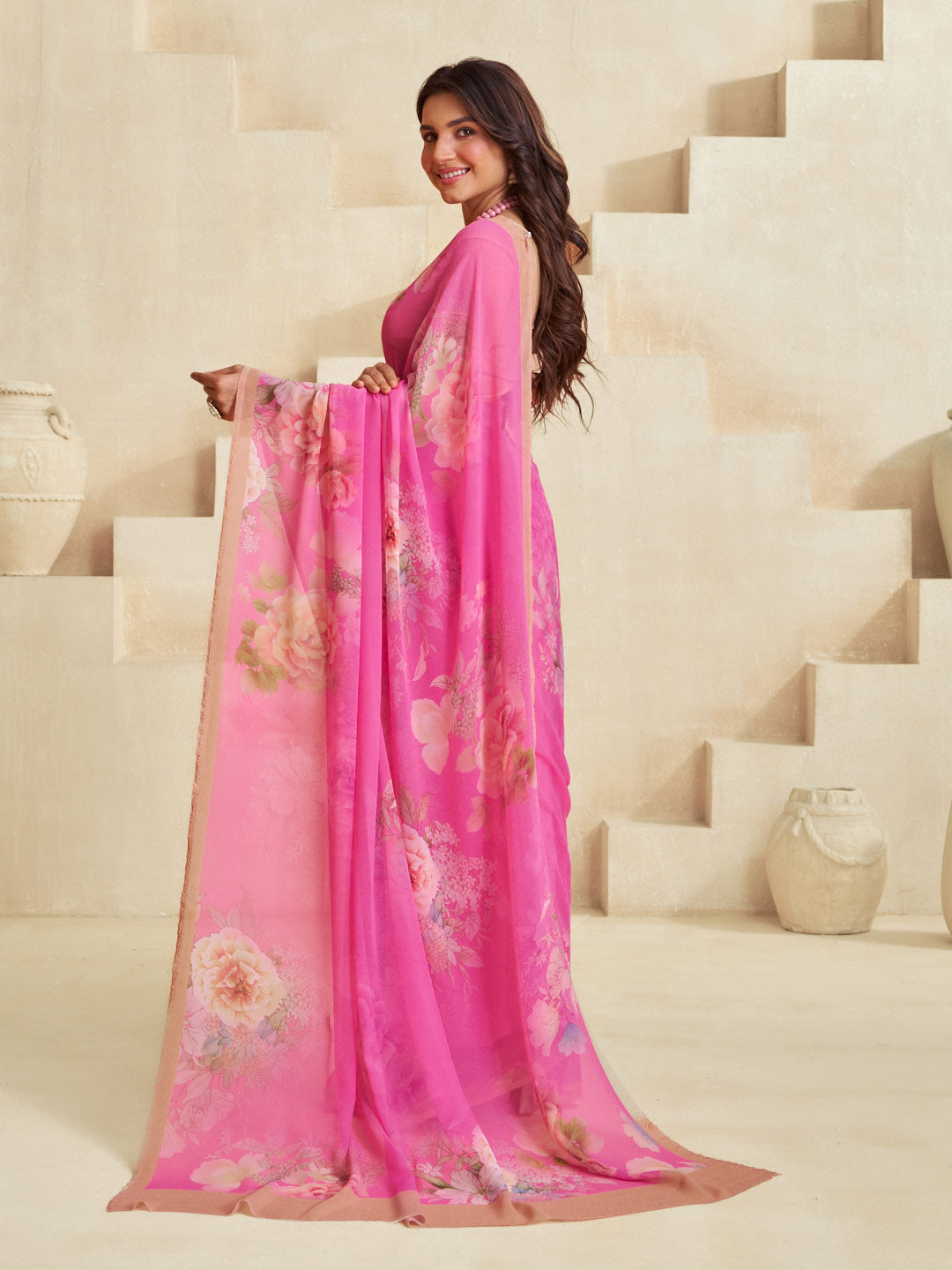 Pink printed saree daily wear
