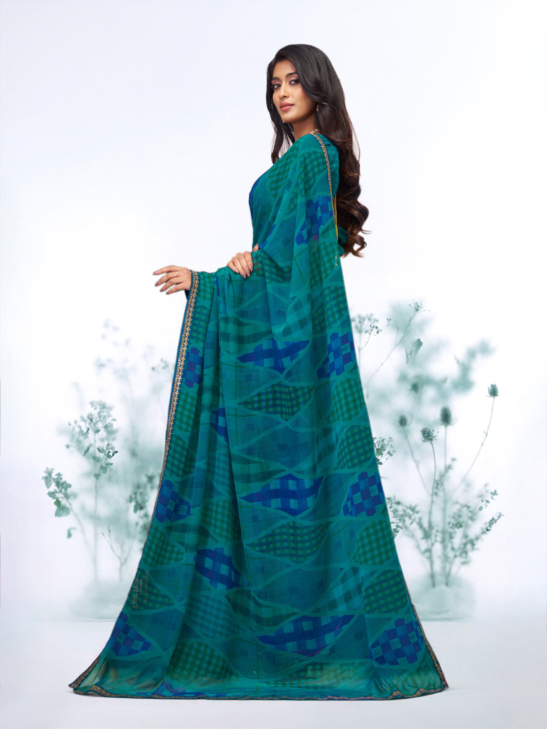 Blue geometric printed georgette saree festive wear