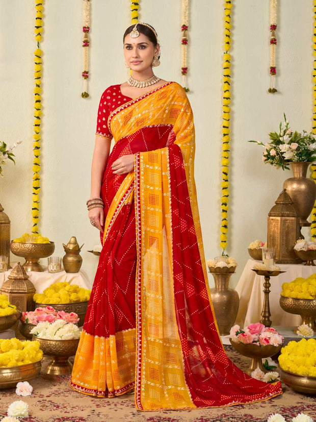 Red bandhani printed georgette saree festive wear