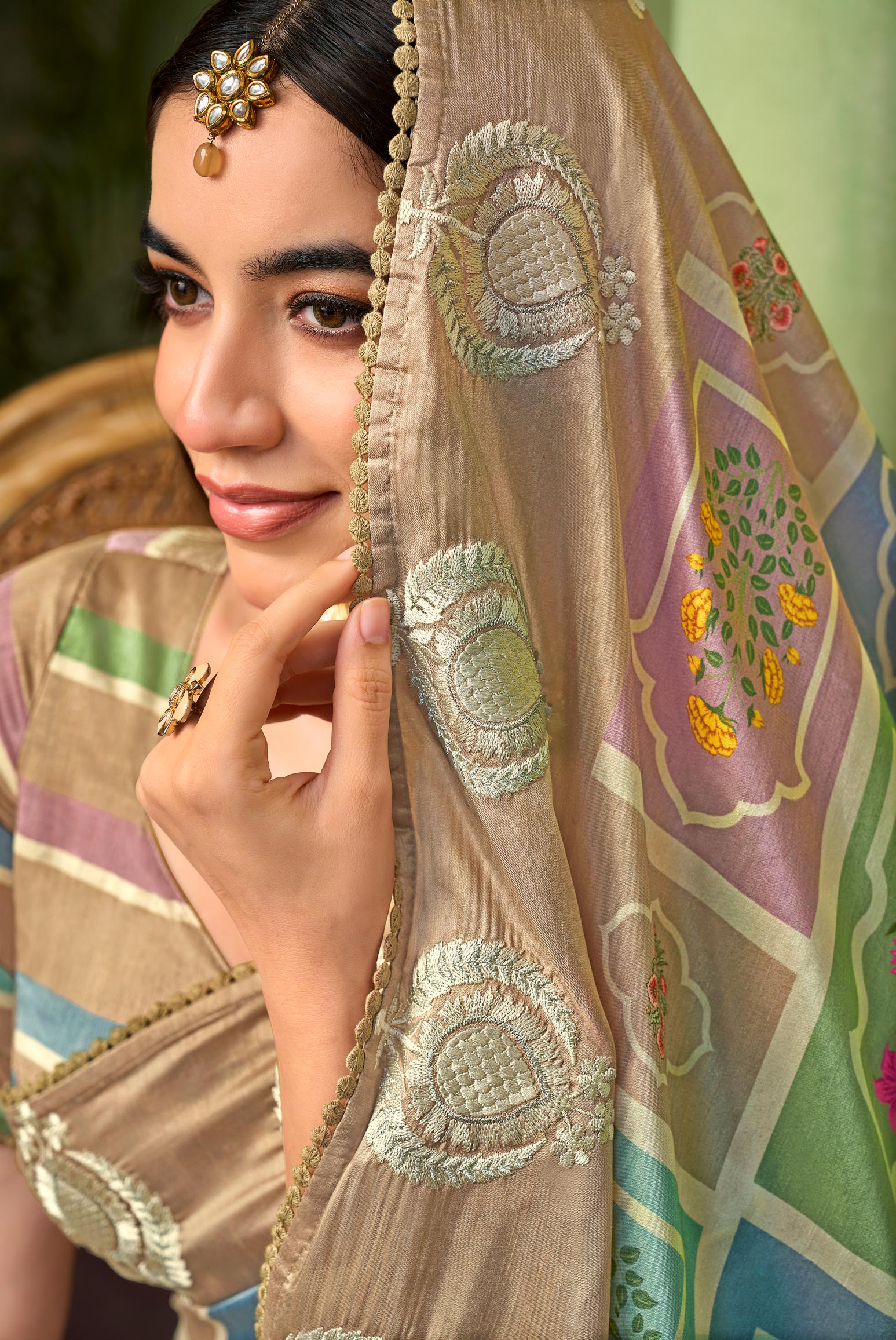 Brown embroidered silk blend saree party wear