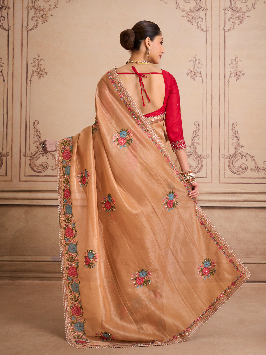 Brown floral embroidered silk blend saree party wear