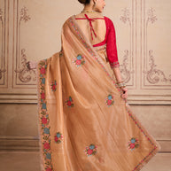 Brown floral embroidered silk blend saree party wear