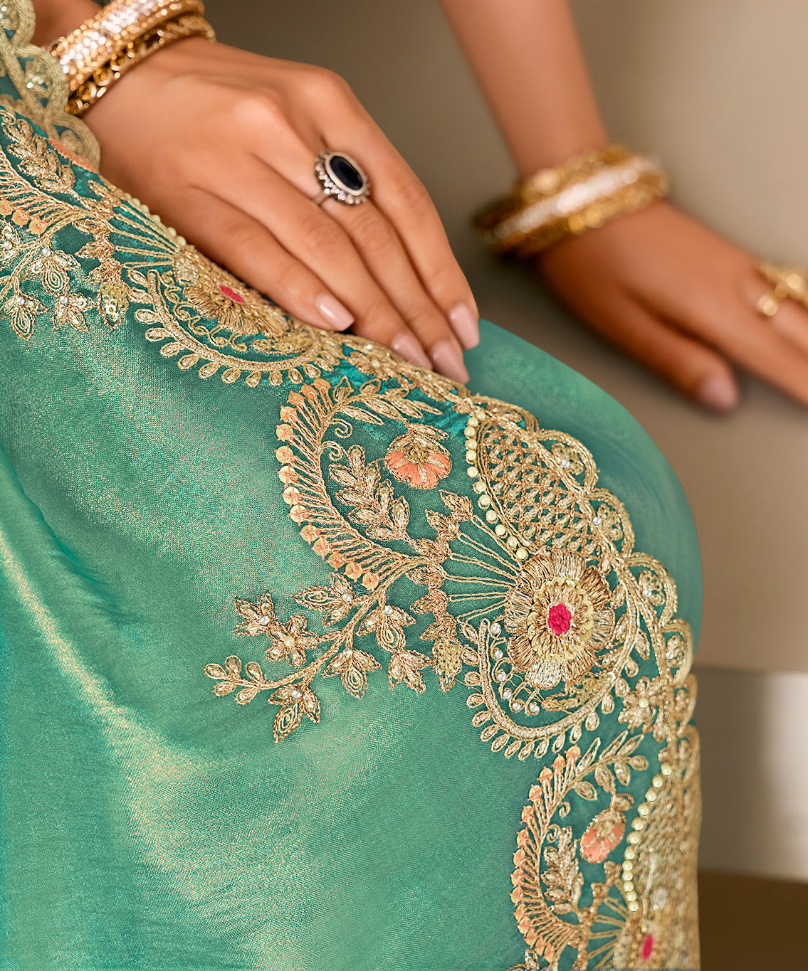 Blue embroidered tissue organza saree wedding wear