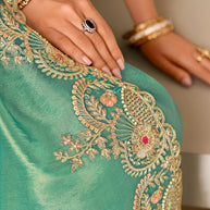 Blue embroidered tissue organza saree wedding wear