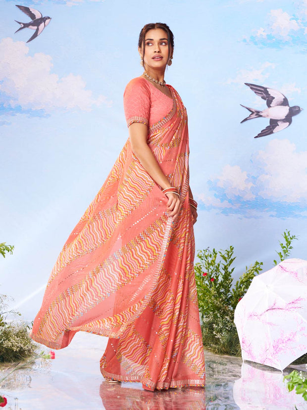 Orange sequin work chiffon saree party wear 