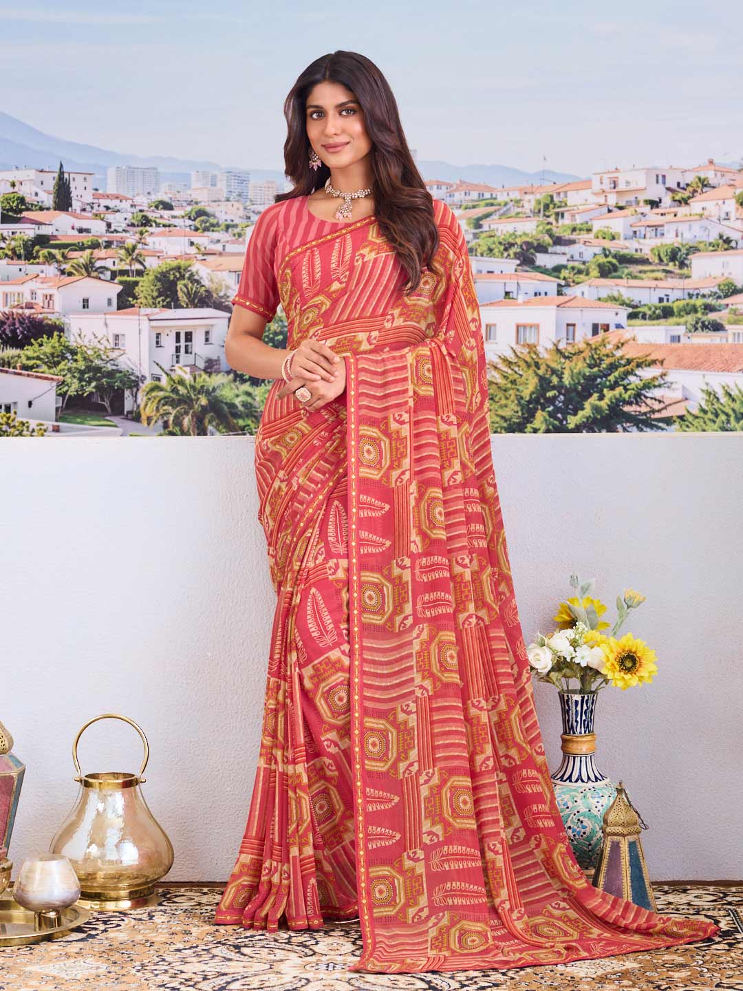 Pink modern print saree