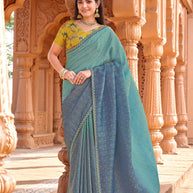 Blue silk blend saree with zari lace border