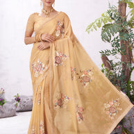 Brown floral embroidered silk saree premium style