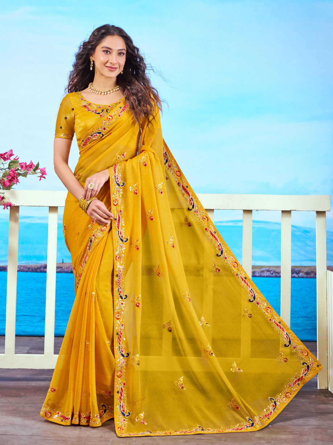 Yellow embroidered chiffon saree festive wear
