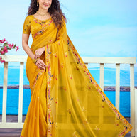 Yellow embroidered chiffon saree festive wear