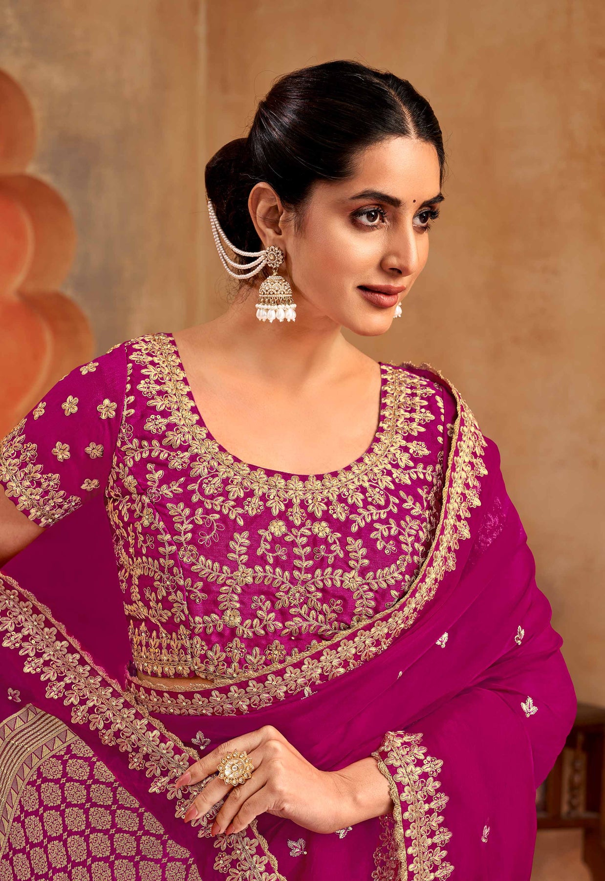 Pink floral embroidered silk blend saree festive wear