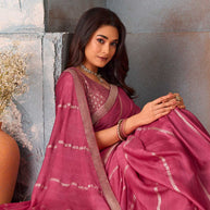 Pink woven striped silk blend saree festive wear