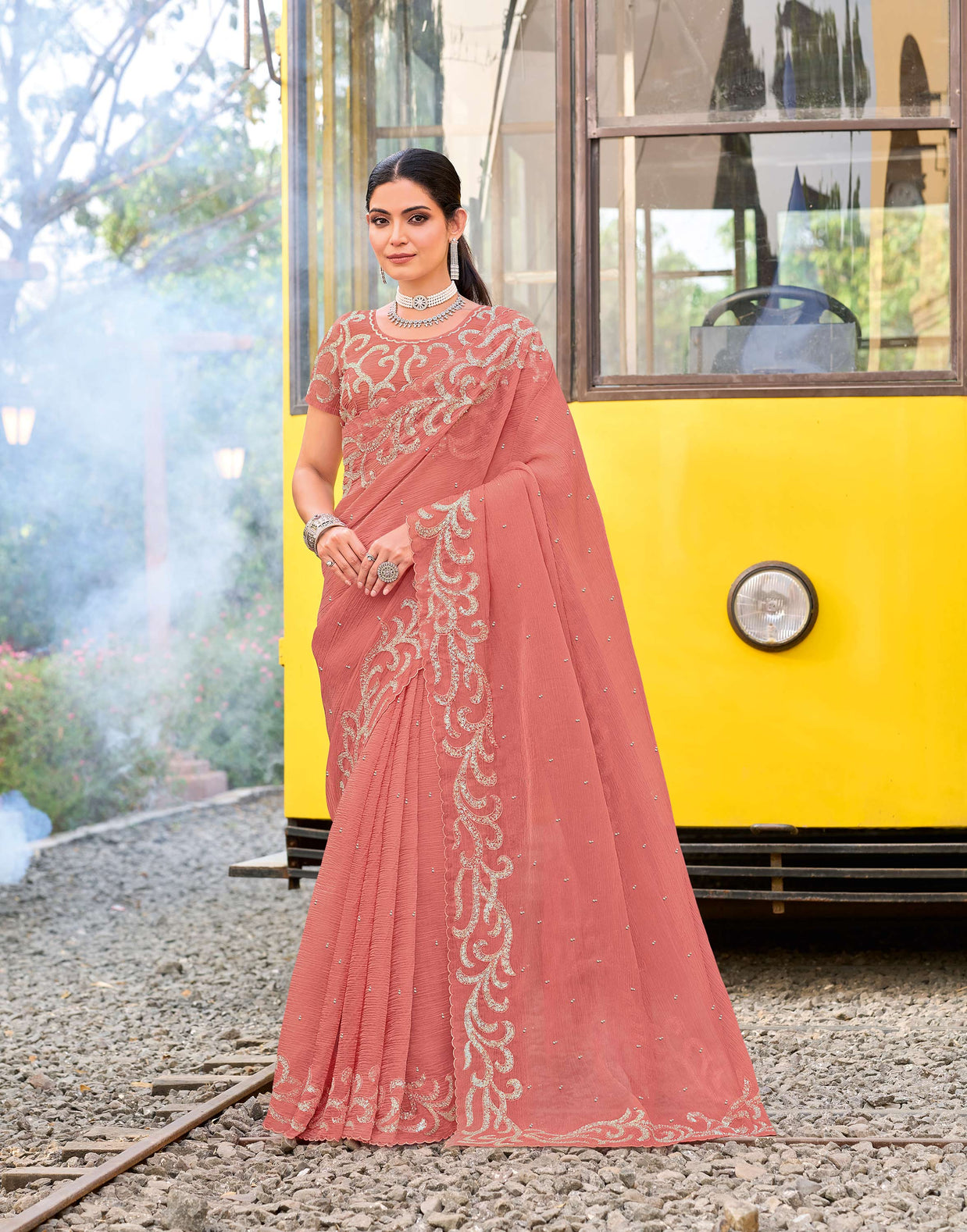 Peach silk blend embroidered saree
