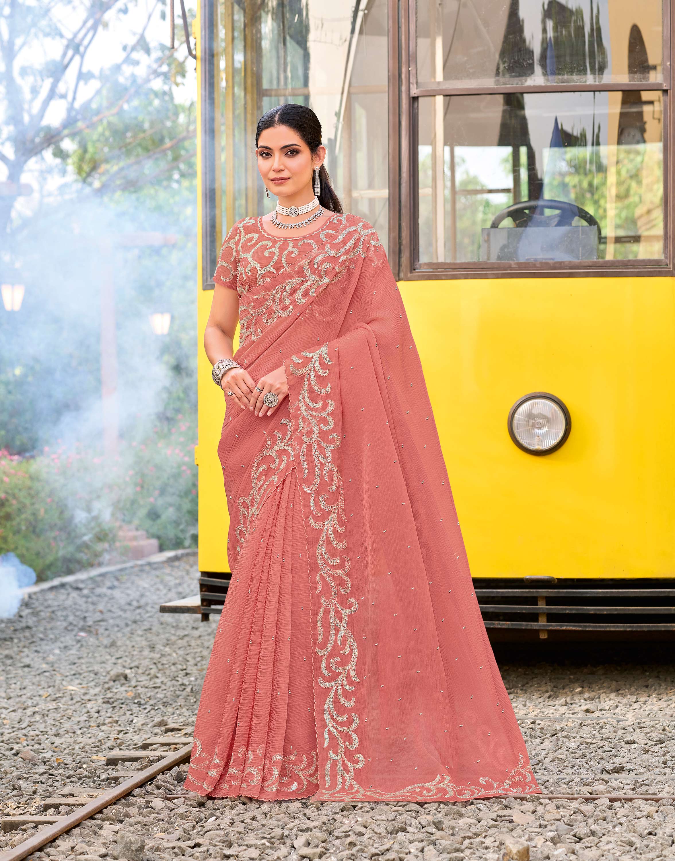 Peach silk blend embroidered saree