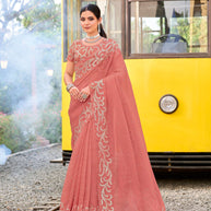 Peach silk blend embroidered saree
