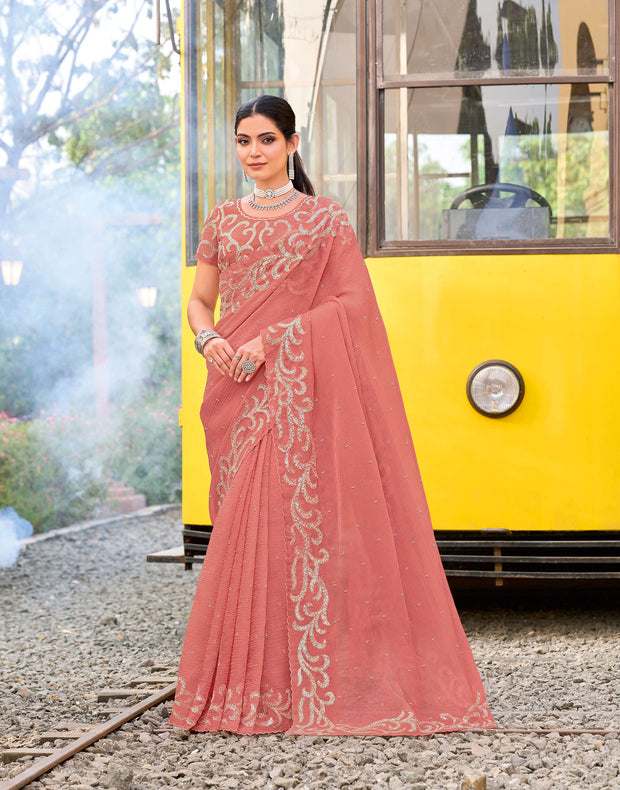 Peach silk blend embroidered saree