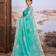 Blue floral embroidered silk blend saree wedding wear