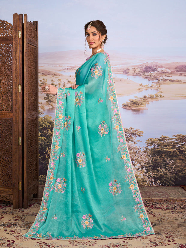 Blue floral embroidered silk blend saree wedding wear