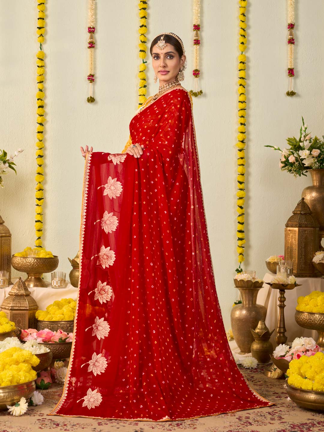Red bandhani printed georgette saree daily wear
