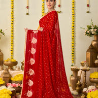 Red bandhani printed georgette saree daily wear