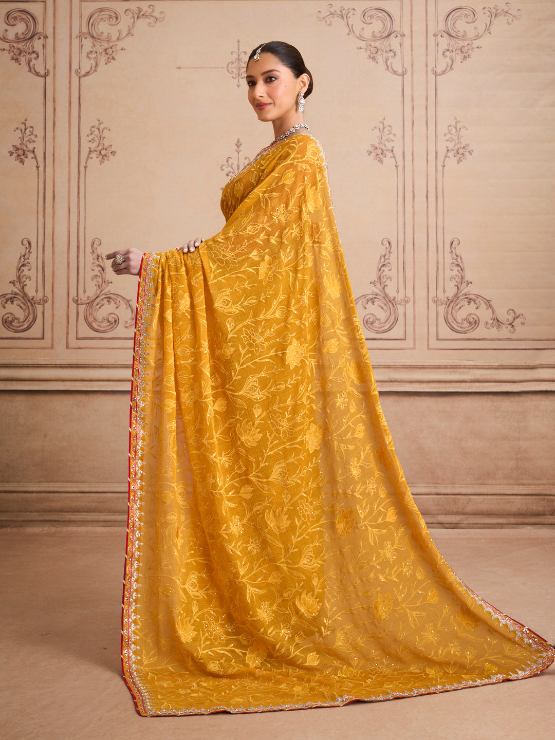 Orange floral embroidered chiffon saree daily wear