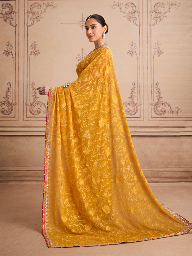 Orange floral embroidered chiffon saree daily wear