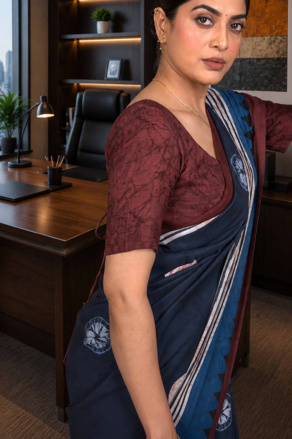 Blue geometric printed cotton blend saree office wear