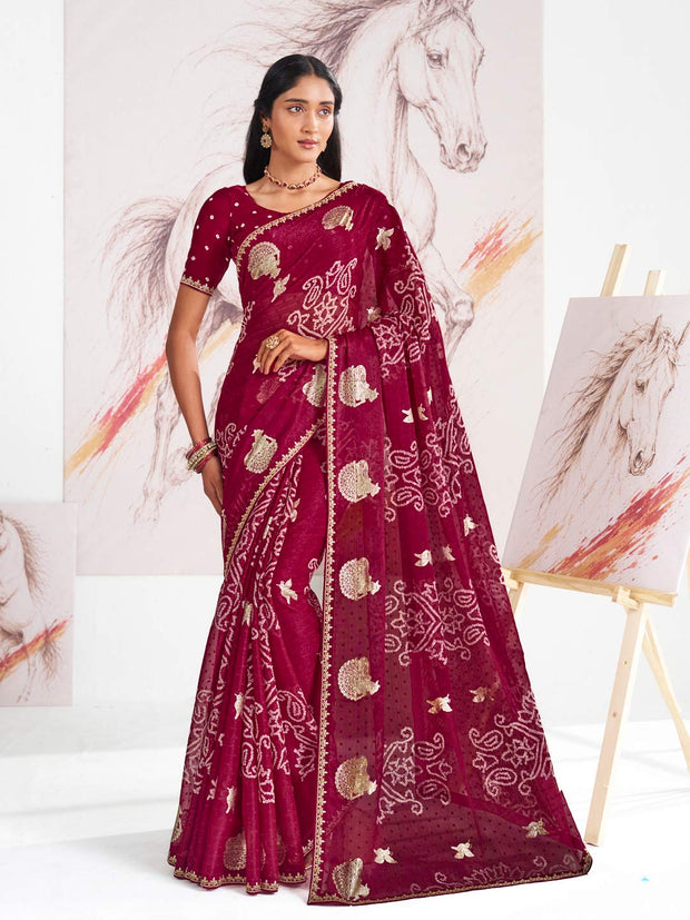 Laxmipati Murli Maroon Chiffon Floral Saree