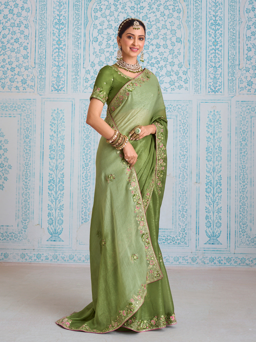 Laxmipati Aanya Green Chiffon Embroidered Saree