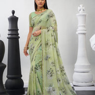 Green floral printed georgette saree elegant style