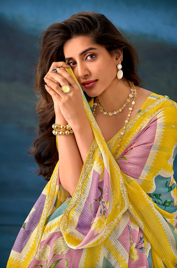 Yellow Work chiffon saree daily wear