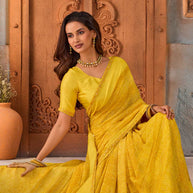 Yellow floral embroidered georgette saree wedding wear