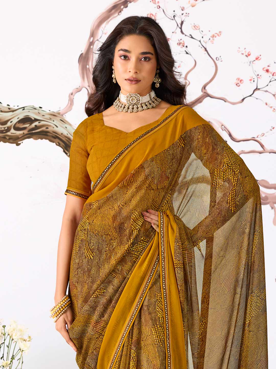 Brown abstract printed georgette saree festive wear