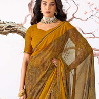 Brown abstract printed georgette saree festive wear