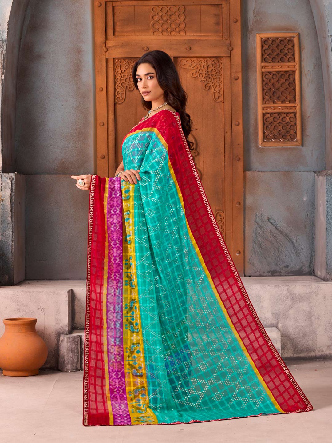 Blue geometric printed chiffon saree daily wear