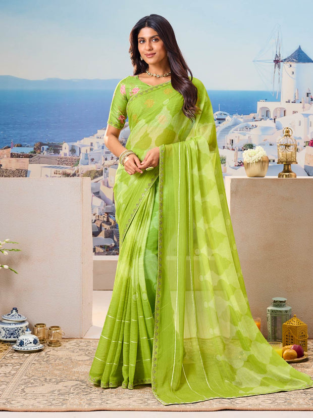 Green floral chiffon saree