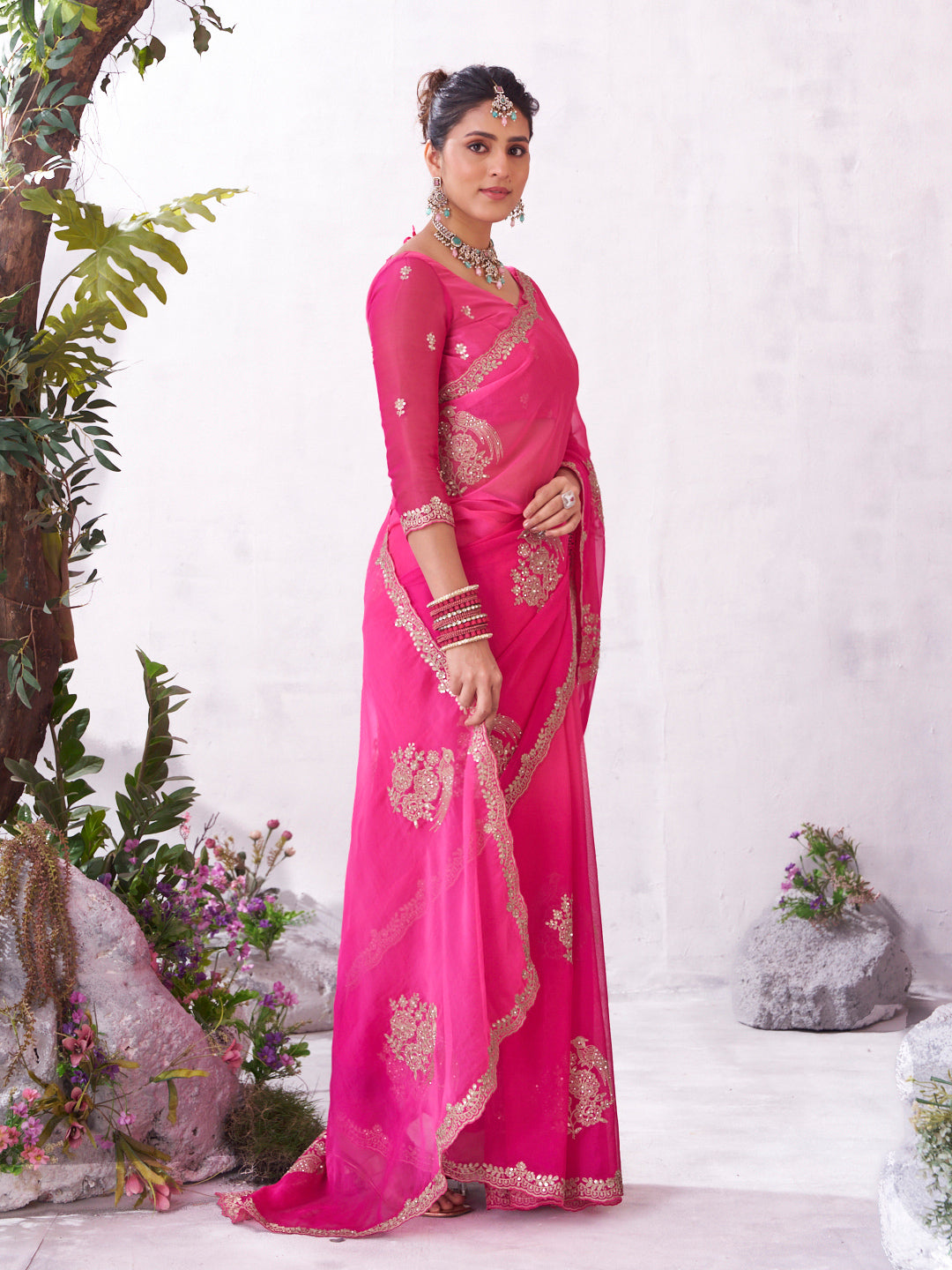 Pink designer embroidery saree premium look