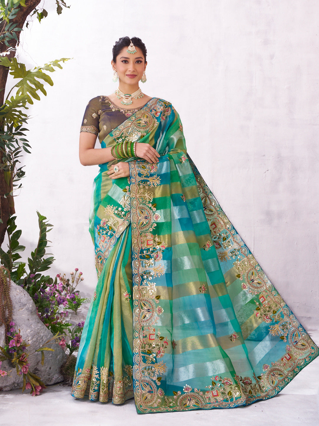 Green floral embroidered organza saree elegant wear