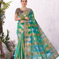Green floral embroidered organza saree elegant wear