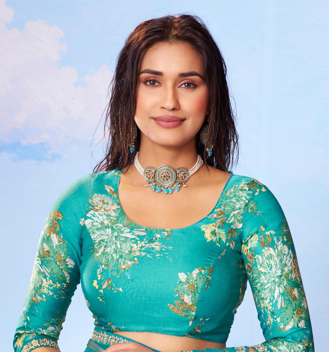 Blue floral printed chiffon saree wedding wear