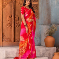 Red floral printed chiffon saree party wear
